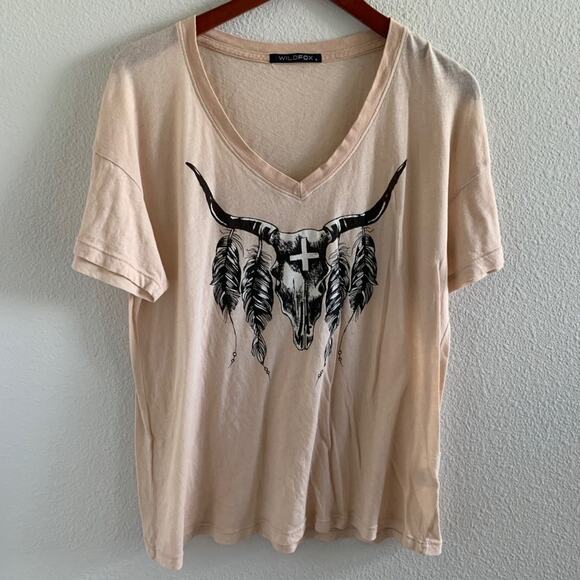 Wildfox Oversized Longhorn Graphic T-Shirt Tee Texas Western Boho V Neck Small - Picture 1 of 6